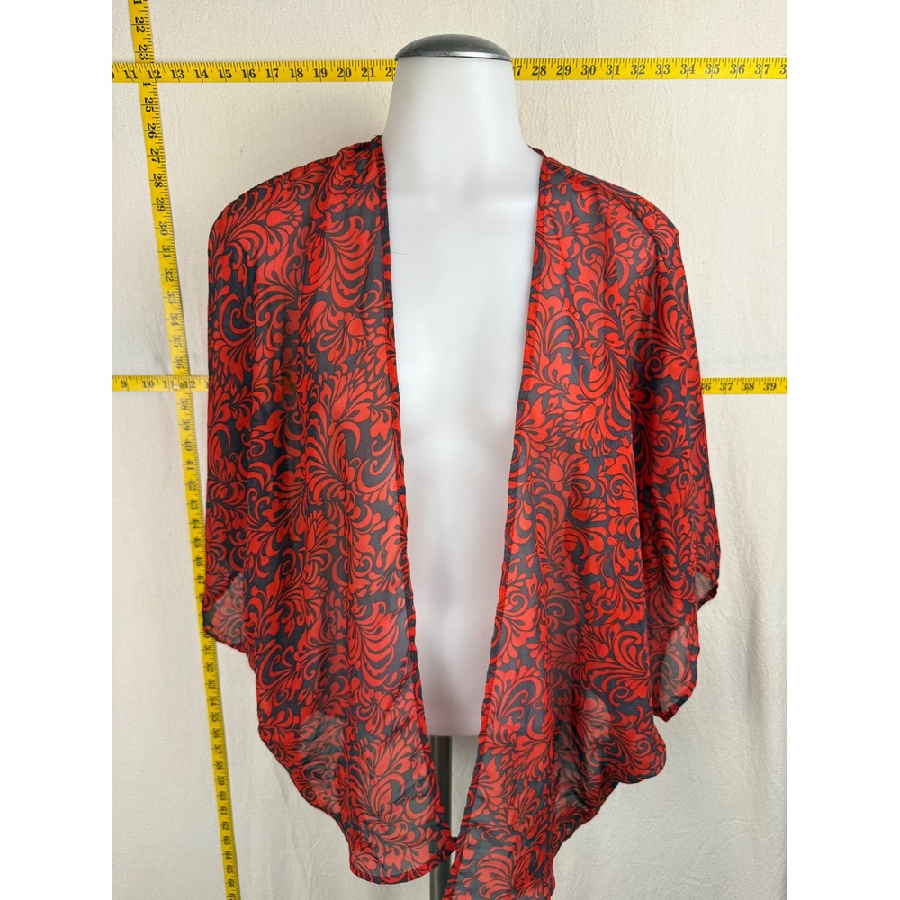 Scarlet Red Sheer Kimono Cardigan OS Damask Scroll Open Front Boho Indie Layer